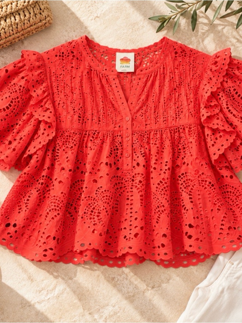 FARM Rio Red Eyelet Ruffle Blouse Small Flutter Sleeve Top - Picture 3 of 10